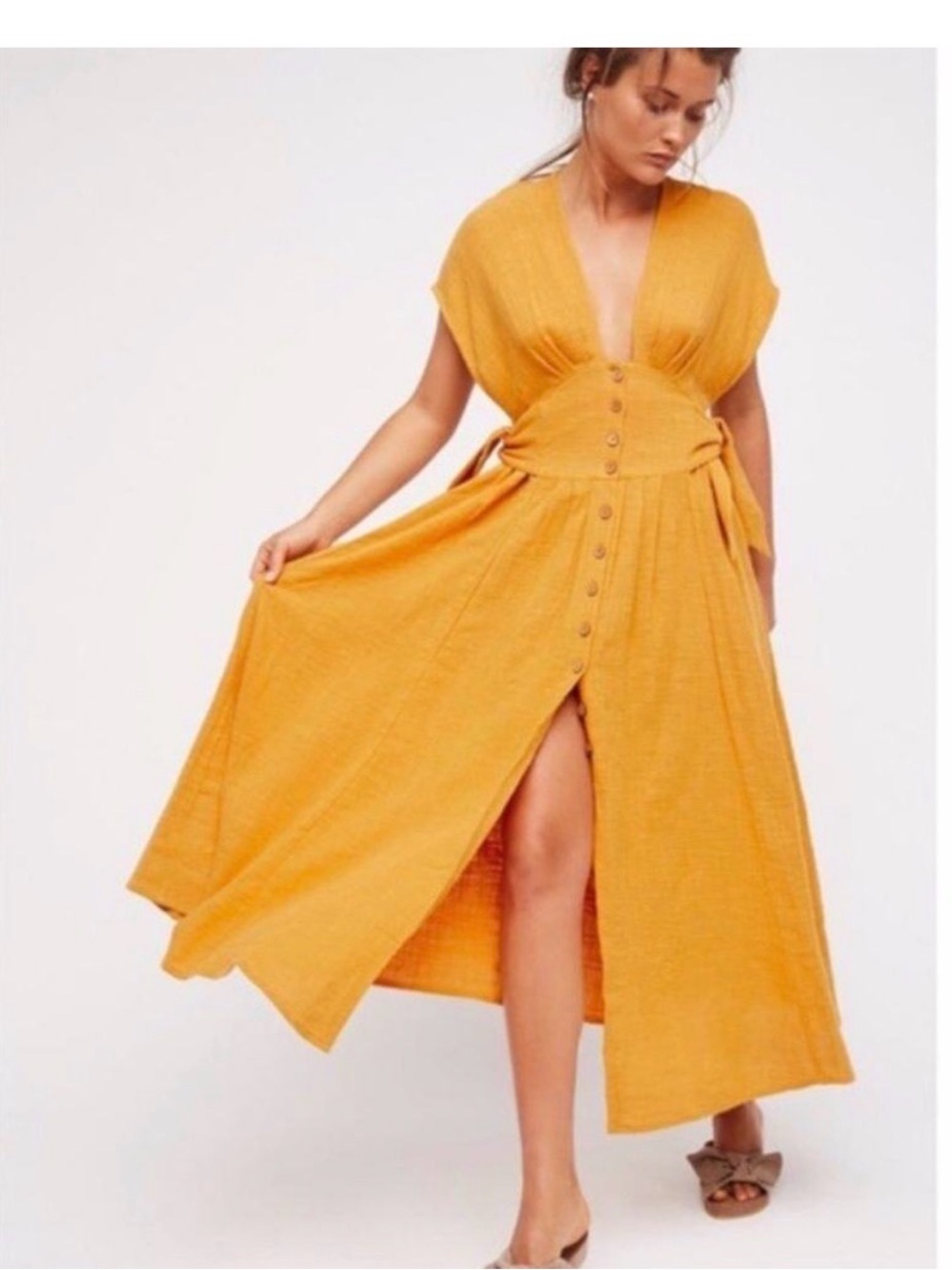 Free People Jacinta Button Front Orange Yellow Side Tie Textured Midi Dress Sz L